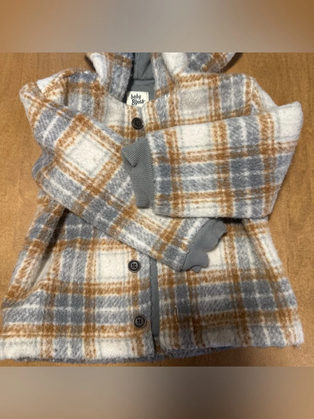 Baby B'gosh Hooded Plaid Puffer Jacket in Gray & Brown